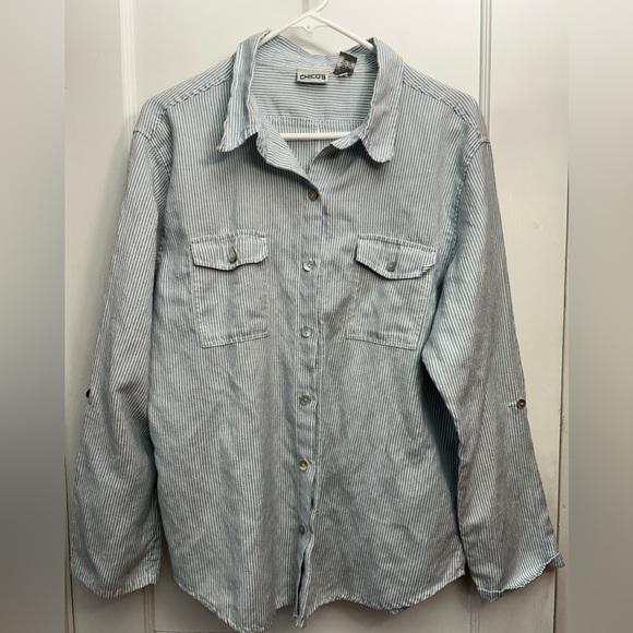 Chico's Tops - Chico's Shirt Button Up Light Blue Striped Pearl Linen Blend Lagenlook Size 3